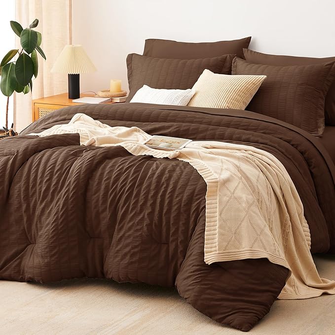 CozyLux King Size Comforter Set Brown Seersucker 7 Pieces Bed in a Bag King by CozyLux