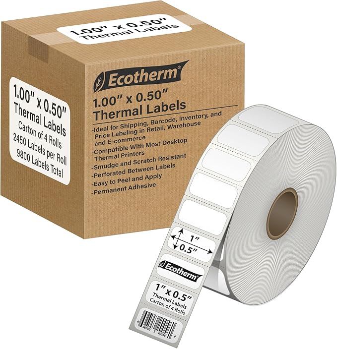 1" x .5" Thermal Labels | 4 Rolls | 9800 Labels | fits Zebra, Godex, Arkscan, iDPRT, Offnova Thermal Label Printers and More | Blank White Adhesive Stickers by Ecotherm-DeskoryOffice