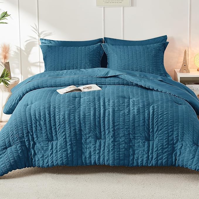 HYMOKEGE Teal California King Comforter Set Seersucker 7 Pieces, All Season - Image 9