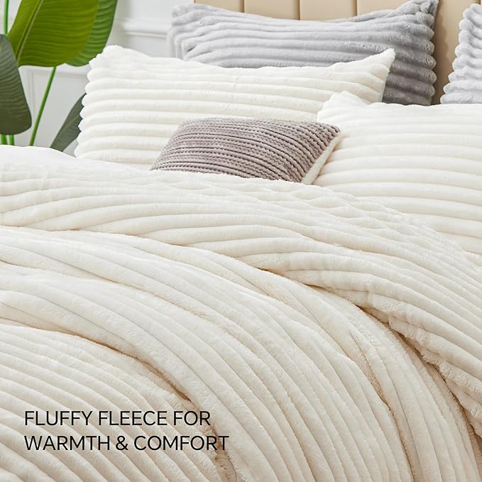 BEDELITE Fleece Twin Comforter Set -Super Soft & Warm Fluffy Cream White Bedding - Image 9
