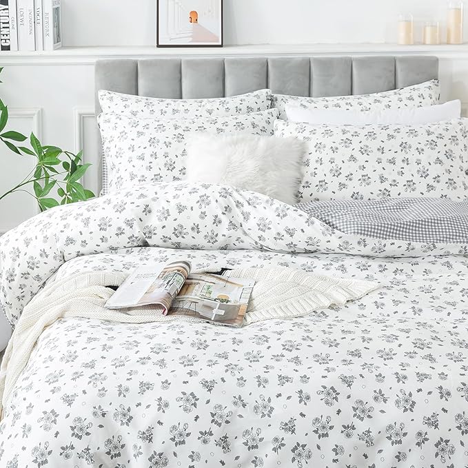 FADFAY Twin Size Duvet Cover Set 100% Cotton Grey White Floral Comforter Cover - Image 9