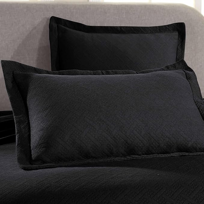 Superior 3 Piece Basketweave Cotton Bedspread Set, Home Bed Decor, Decorative Bed Spread, 2 Pillow Shams, Medium Weight Blanket, Matelasse Coverlet Bedding, Geometric Lattice Pattern, Full, Black