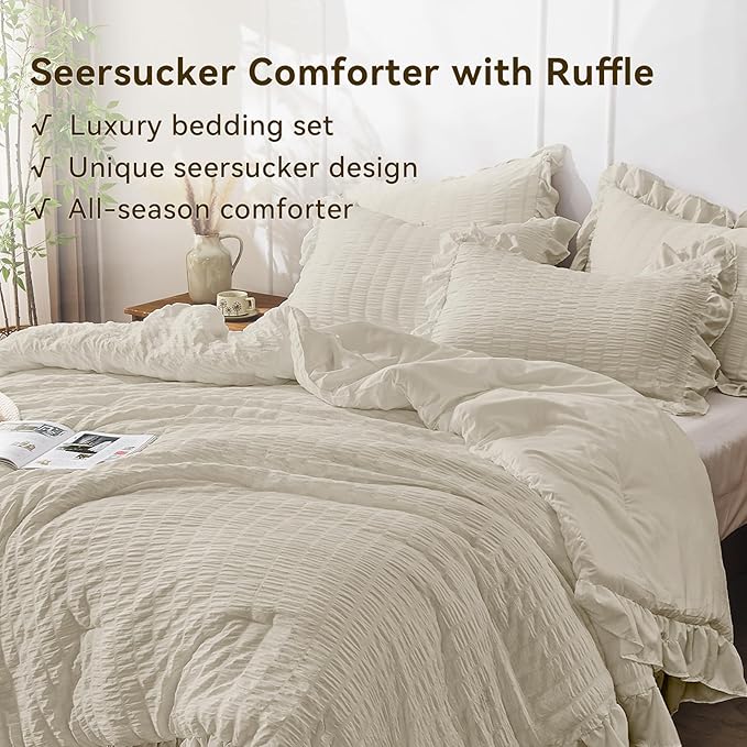 JOLLYVOGUE Twin Size Comforter Set, 2 Pieces Oatmeal Seersucker Lightweight - Image 3