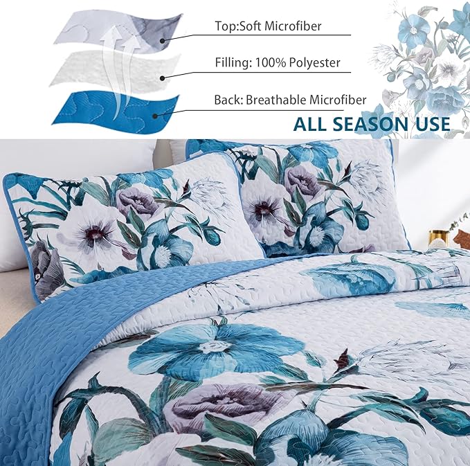 Floral Quilt Set Queen 3 Pieces Boho Blue Floral Quilt Coverlet Set Soft - Image 4
