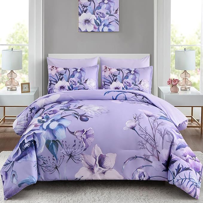 Luxudecor Lavender Purple Floral Comforter Set King Size 7 Piece, Flower Bed in by Luxudecor