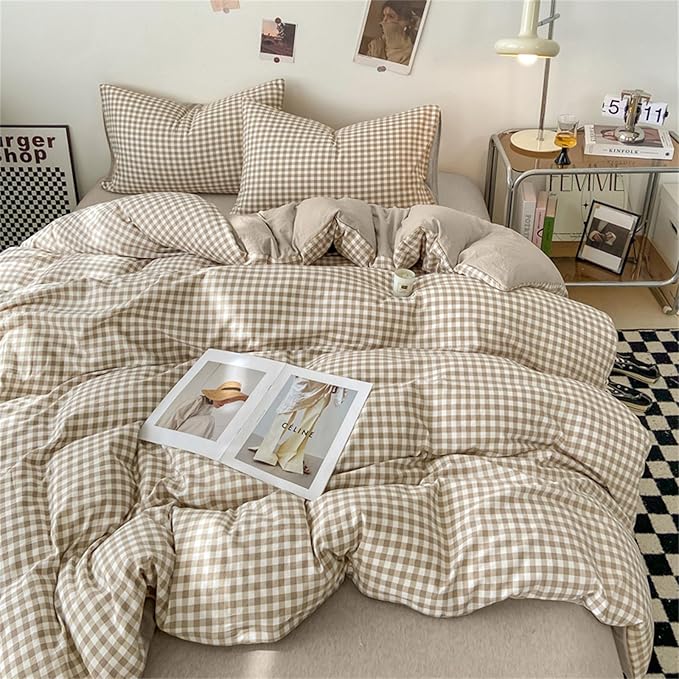 Nayoroom Gingham Duvet Cover King Size Brown Tan Plaid Checkered Comforter - Image 2