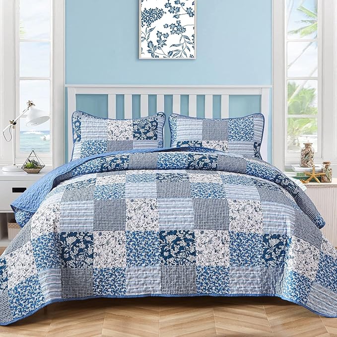 Mybedsoul Blue Quilt Set Full Size, 3 Pieces Plaid Floral Bedspread Set by Mybedsoul