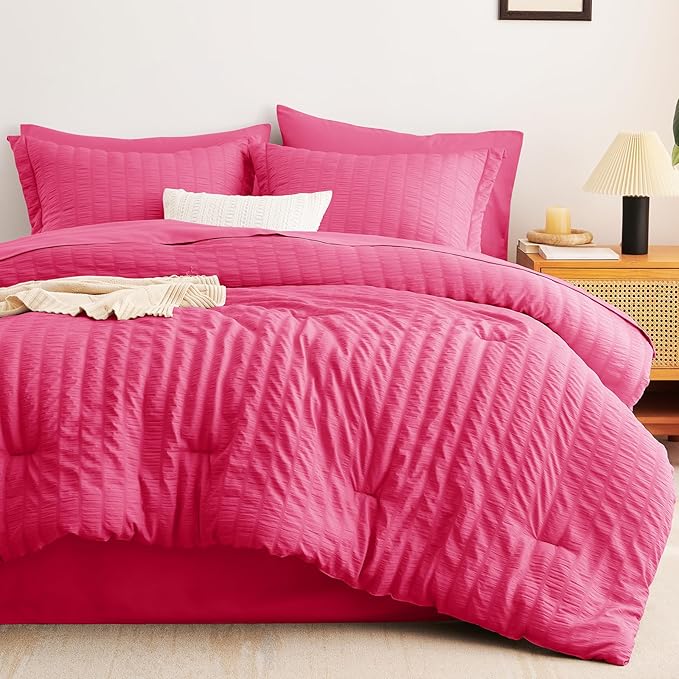 CozyLux Queen Comforter Set Hot Pink Seersucker 7 Pieces Bed in a Bag Queen - Image 9