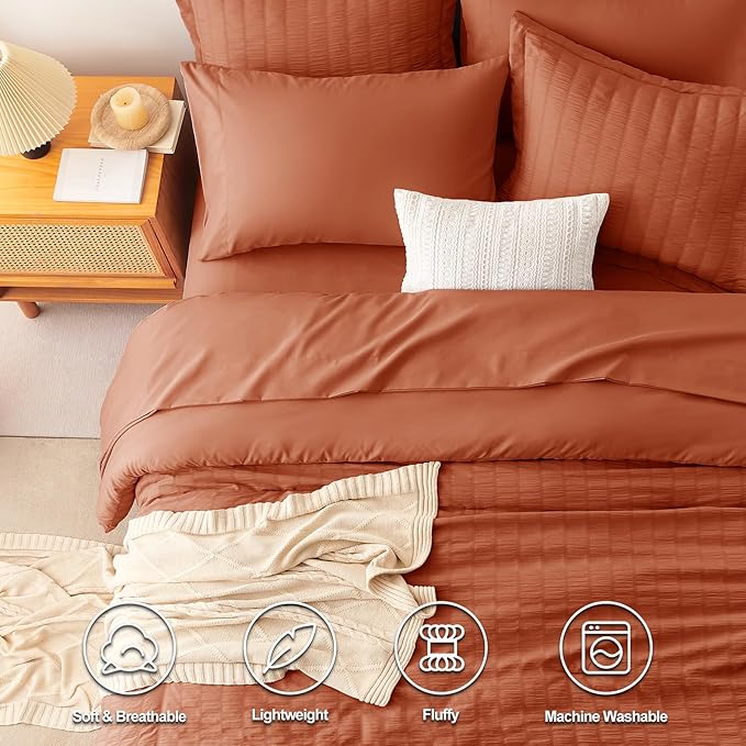 CozyLux Oversized King Comforter Set Burnt Orange Seersucker 7 Pieces 120x98 - Image 2