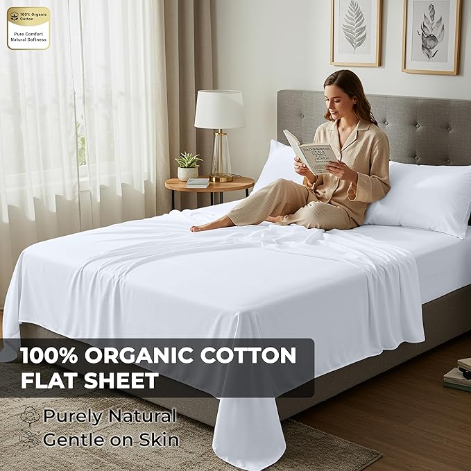Royale Linens 100% Organic Cotton Queen 2 Pack Flat Sheet Only - Image 2