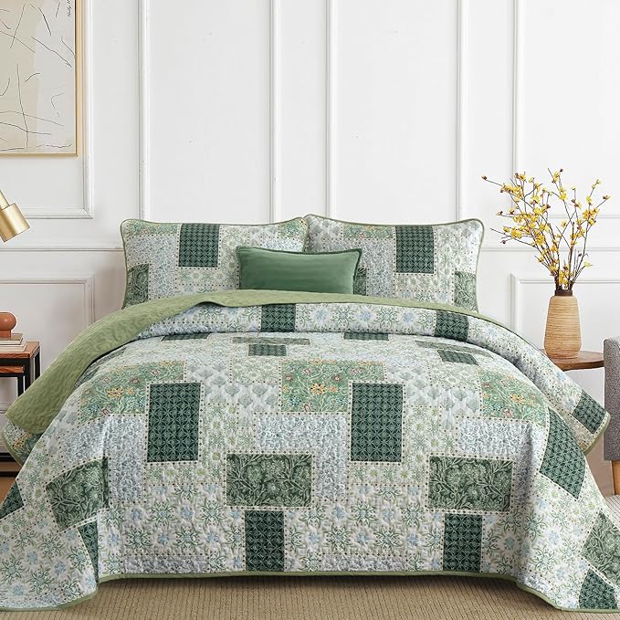 Xruibed Patchwork Quilt Set King Size 3 Pieces Plaid Floral Bedspread Coverlet by Xruibed