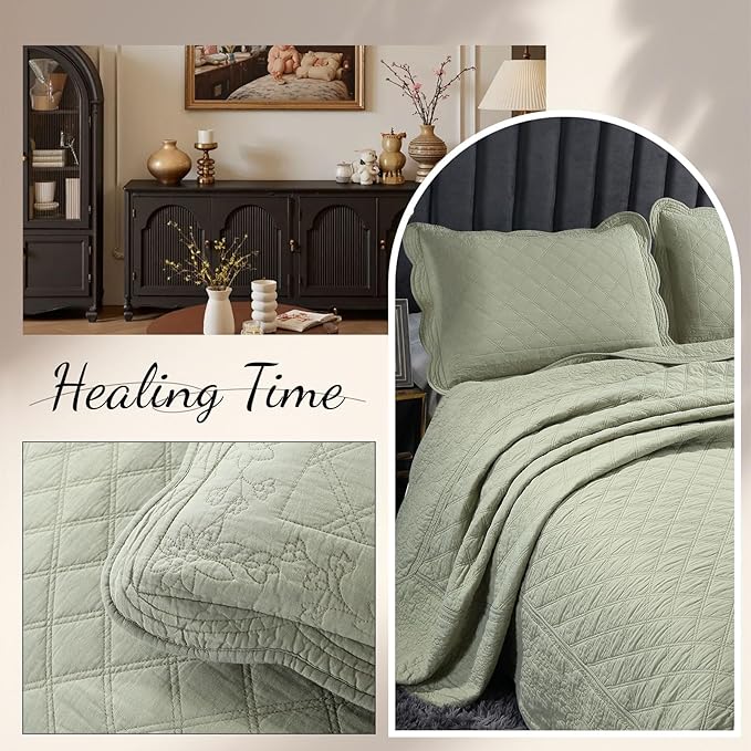 ROOMLIFE Quilt Set Full Size 3D Floral Embroidery Pattern 3-Piece Cotton - Image 6