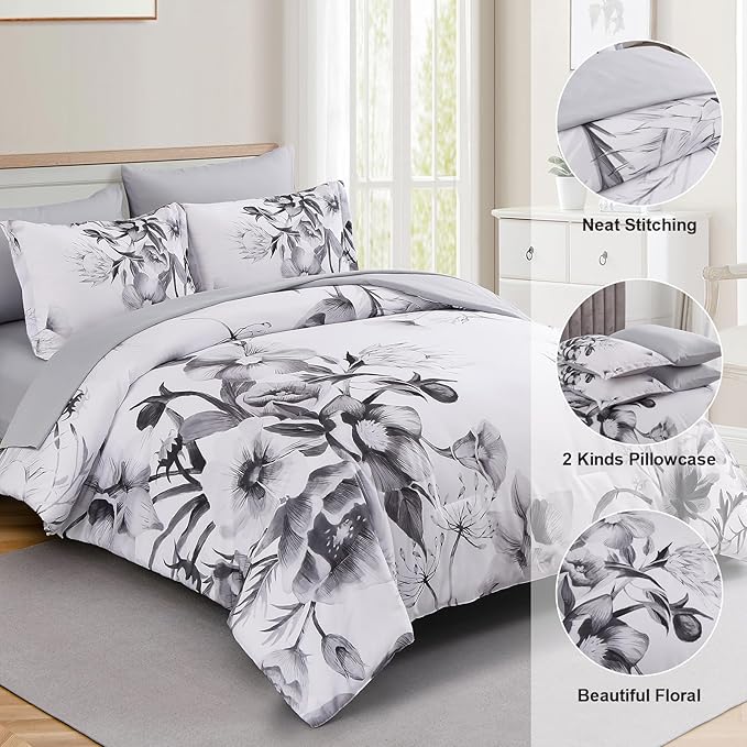 Luxudecor Floral Comforter Set King Size 7 Piece, Elegant Ink Comforter Bedding - Image 6