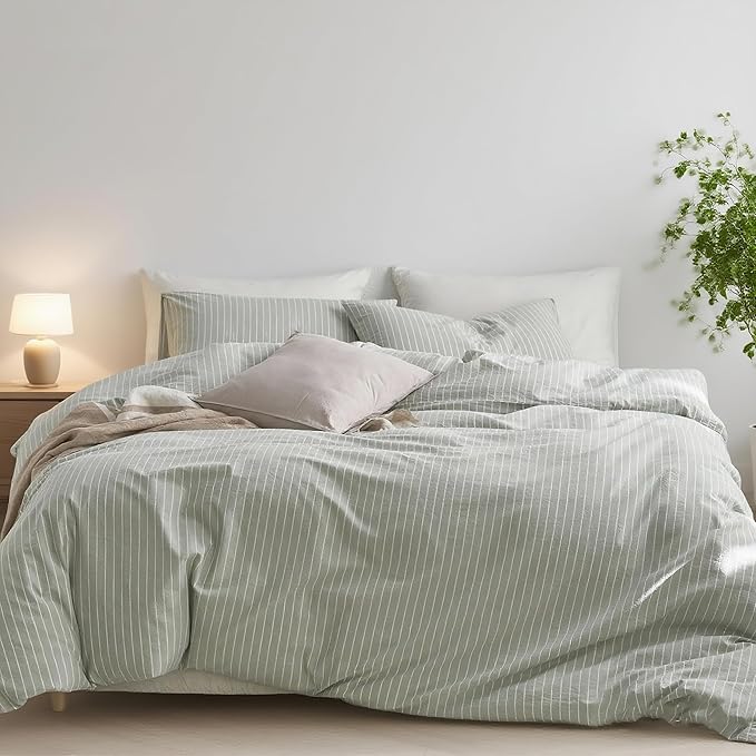 Nayoroom Green Striped Duvet Cover Queen Size 100% Washed Cotton White by Nayoroom