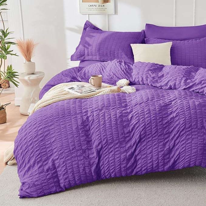 HYMOKEGE Dark Purple Duvet Cover Full Size, Ultra Soft 3-Piece Seersucker Duvet by HYMOKEGE