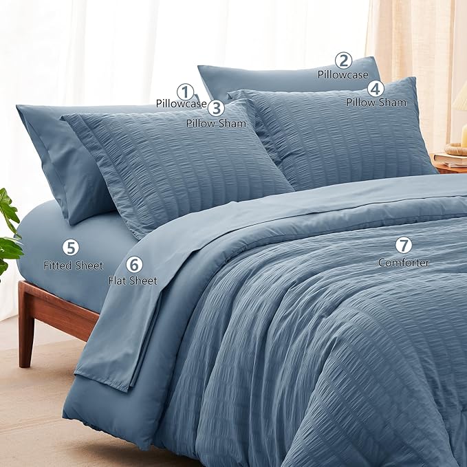 CozyLux King Size Comforter Set Grayish Blue Seersucker 7 Pieces Bed in a Bag - Image 8