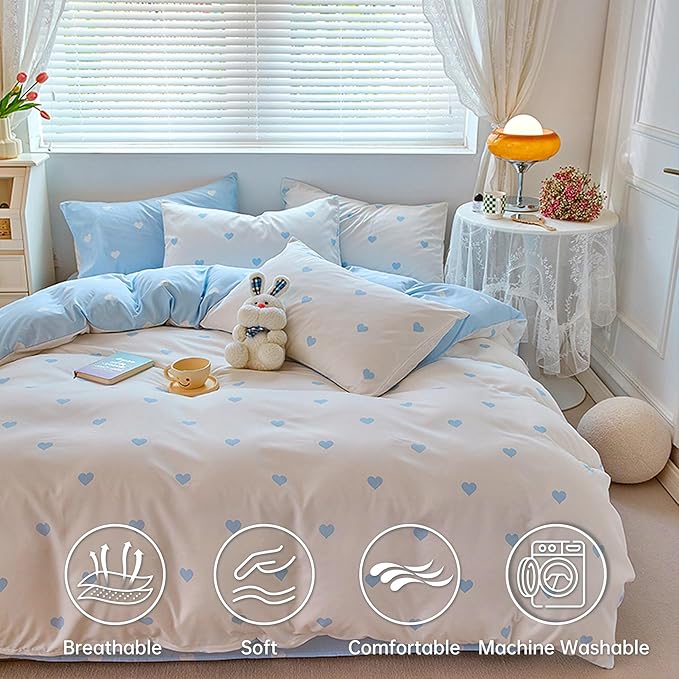 BOLINLIVING Cute Duvet Cover Full Size, Reversible Light Blue & White Heart - Image 3