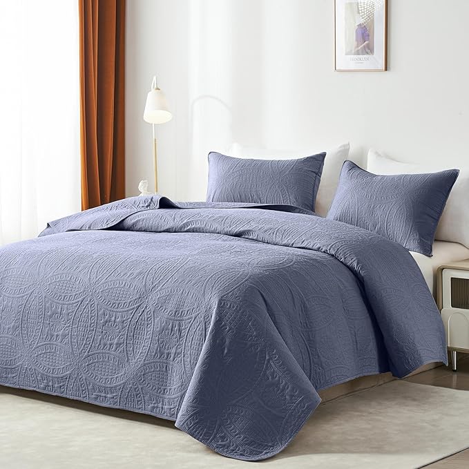 akkialla King Size Quilt Set, Bluish Grey Ultrasonic Bedspread, Lightweight - Image 2