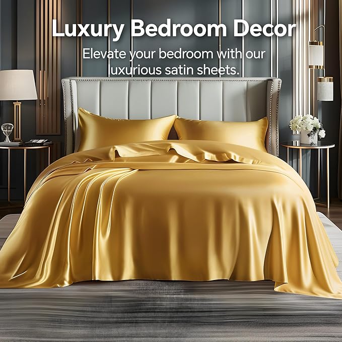 BEDELITE Satin Sheets Twin Size Bed Set, Luxury Soft Gold Silky Sheets - Image 2