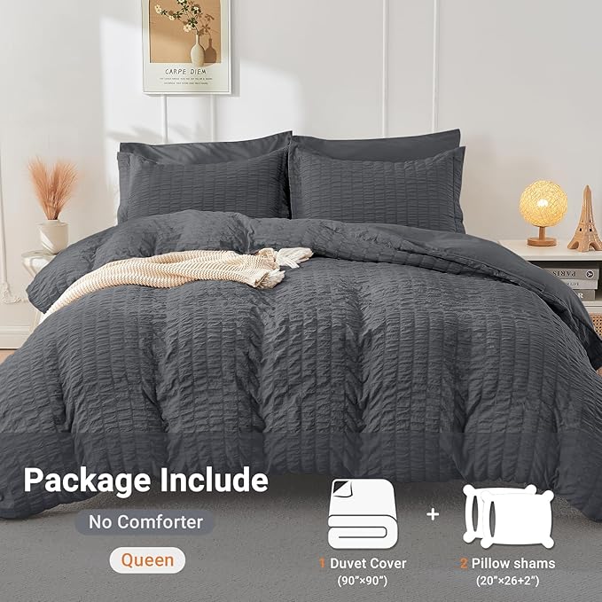 HYMOKEGE Dark Grey Duvet Cover Queen Size, Ultra Soft 3-Piece Seersucker Duvet - Image 6