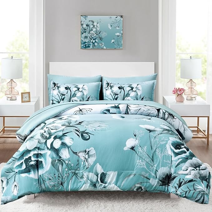 Luxudecor Floral Comforter Set Queen Size 7 Piece, Aqua Flower Bed in a Bag by Luxudecor