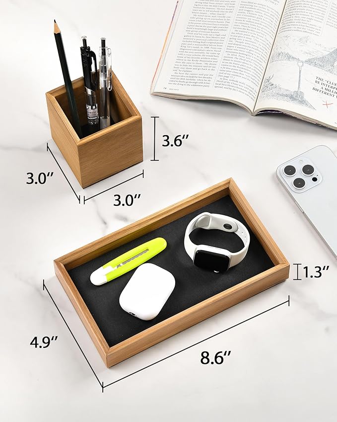 HULISEN Wooden Desk Organizer Tray with Pen Holder, Non-Slip Desk Tray and Pencil Holder Set with Felt Lined, Desktop Accessories for Home Office Workspace Organization-DeskoryOffice