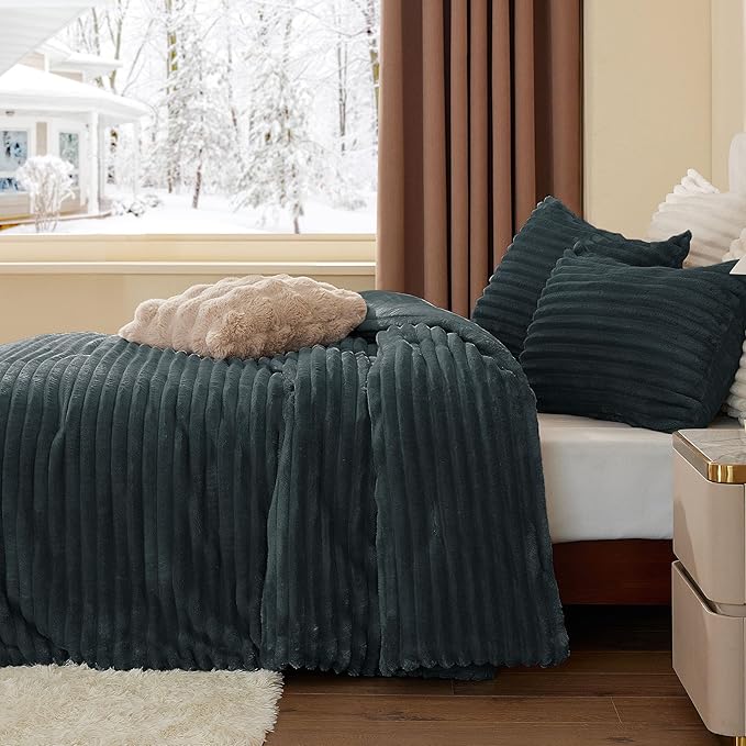 BEDELITE Fleece King Comforter Set -Super Soft & Warm Fluffy Dark Grey Bedding - Image 4