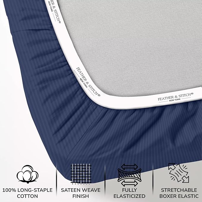 Feather & Stitch 1 Piece Fitted Sheet King Size, 100% Cotton Damask Sateen Weave - Image 2