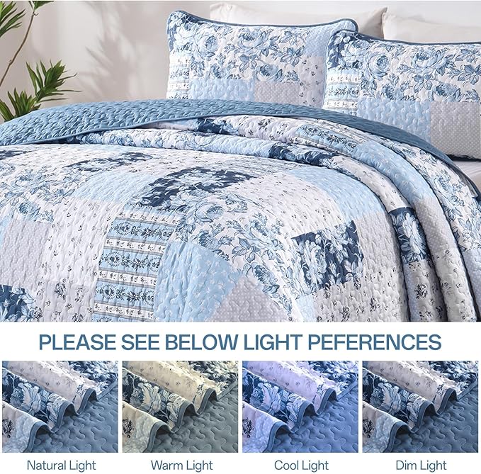 Anibedding Blue Patchwork Quilt Set King Size Boho Floral Plaid Bedspread - Image 6