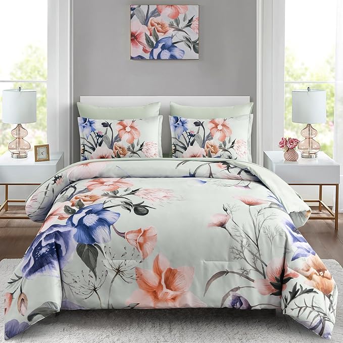 Luxudecor Floral Comforter Set King Size 7 Piece, Elegant Comforter Bedding Set by Luxudecor