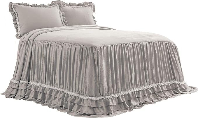Lush Decor Ella Vintage Chic Ruffle Lace Bedspread Light Gray Farmhouse Style Lightweight 3 Piece Set King
