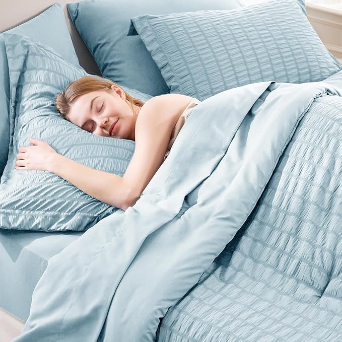 CozyLux Oversized King Comforter Set Light Blue Seersucker 7 Pieces 120x98 Bed - Image 3