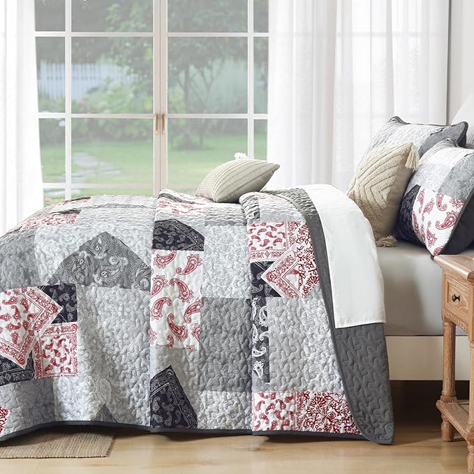 Mybedsoul Grey Red Patchwork Queen Size Quilt, Soft Paisley Floral Bedspreads - Image 5