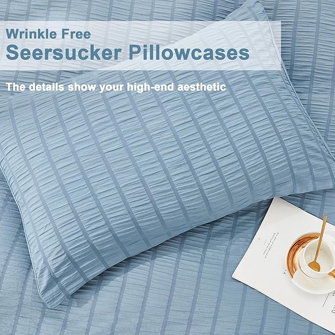 AveLom Seersucker Duvet Cover Set Queen Size Grayish Blue, 3 Pieces, Soft - Image 6