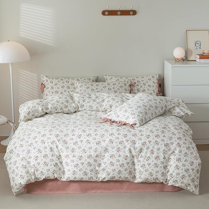 mixinni Vintage Style Girls Pale Pink Flower Pattern Duvet Cover Full Soft - Image 2