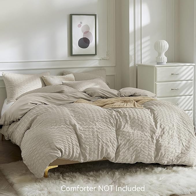 JELLYMONI Beige Duvet Cover Full Size, Soft Breathable Seersucker Duvet Cover - Image 2
