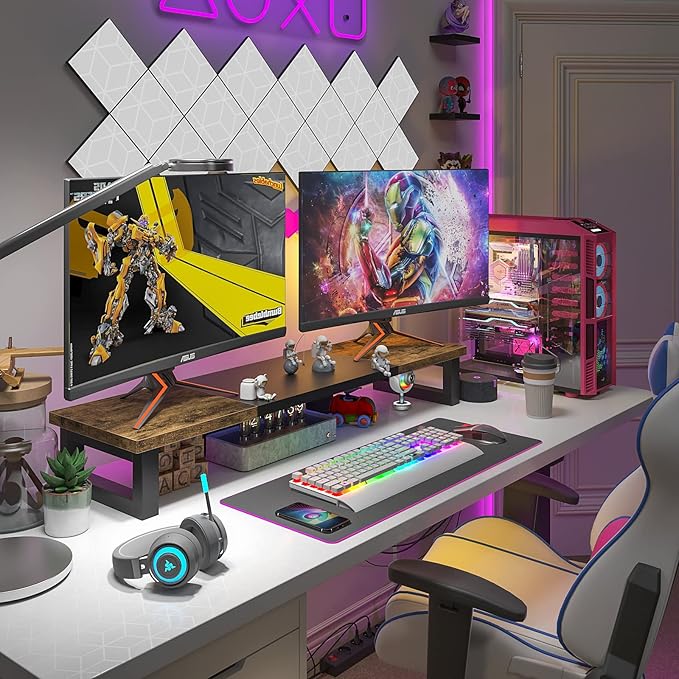 WESTREE Dual Monitor Stand Riser, Wood and Steel Monitor Stand Riser, Computer Monitor Stand for 2 Monitors, Multi-Purpose Desktop Storage Stand for Computer,Laptop,Printer,TV-DeskoryOffice