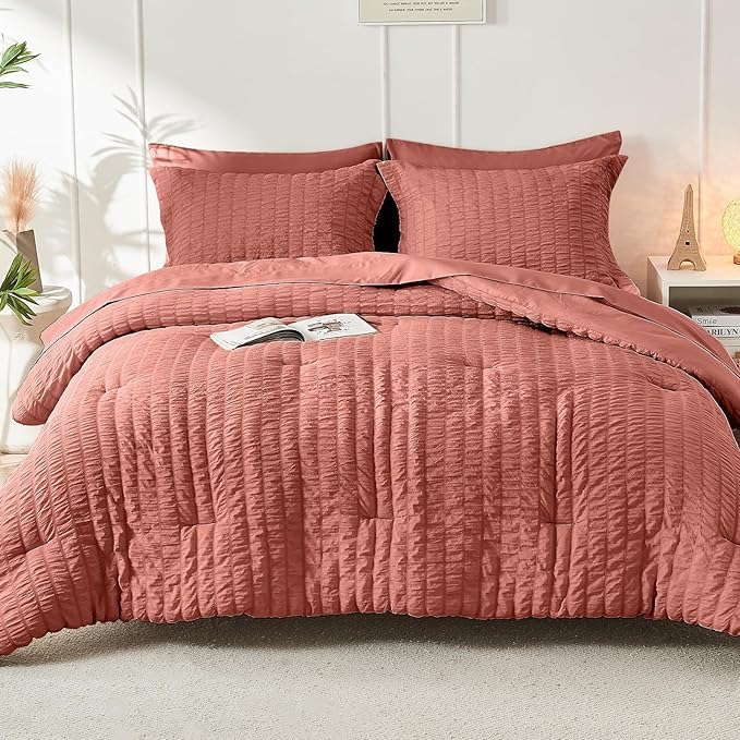 HYMOKEGE Coral California King Comforter Set Seersucker 7 Pieces, All Season - Image 9