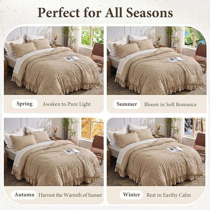 JOLLYVOGUE Queen Comforter Set, 3 Pieces Khaki Seersucker Comforters Queen Size - Image 6