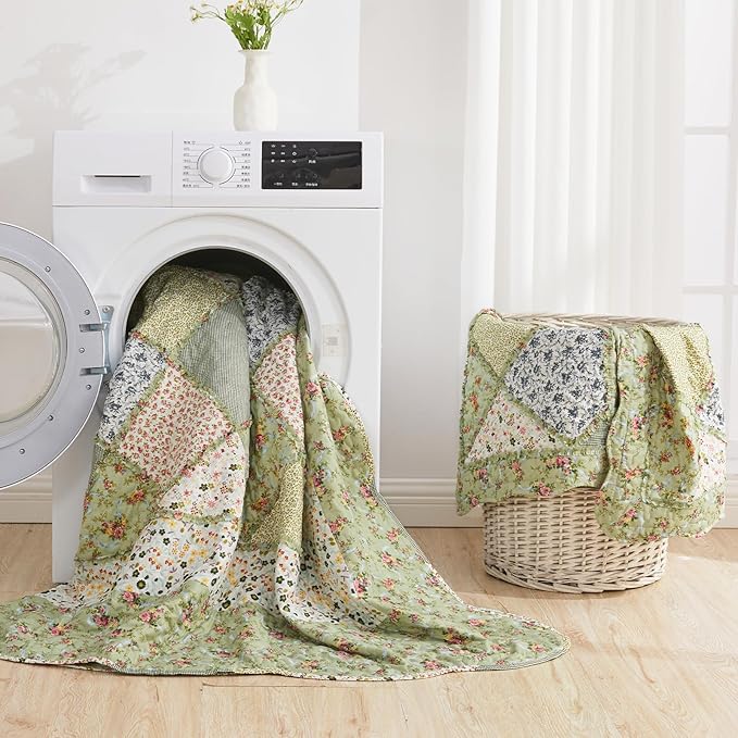 VIVILINEN Full Queen Size Green Patchwork Quilt Set Reversible Quilted - Image 7
