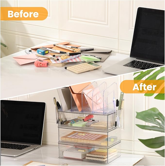 Acrylic Desk Organizer Set, 3 Pack Stackable Desktop Drawer Organizer with 4 Vertical File Holders and 2 Pen Holders, Desk Organizers and Accessories for Home Office Storage-DeskoryOffice