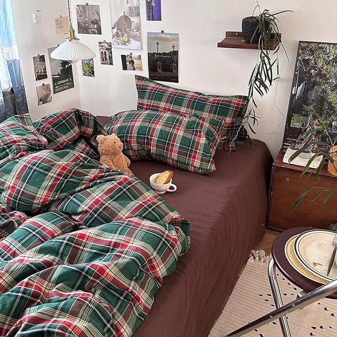 mixinni Vintage Green Buffalo Plaid Washed Cotton Duvet Cover King - Image 5