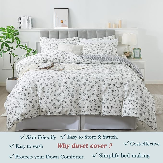 FADFAY Twin Size Duvet Cover Set 100% Cotton Grey White Floral Comforter Cover - Image 6