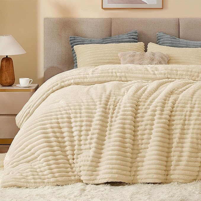 BEDELITE Fleece Queen Comforter Set -Super Soft & Warm Fluffy Beige Bedding by BEDELITE