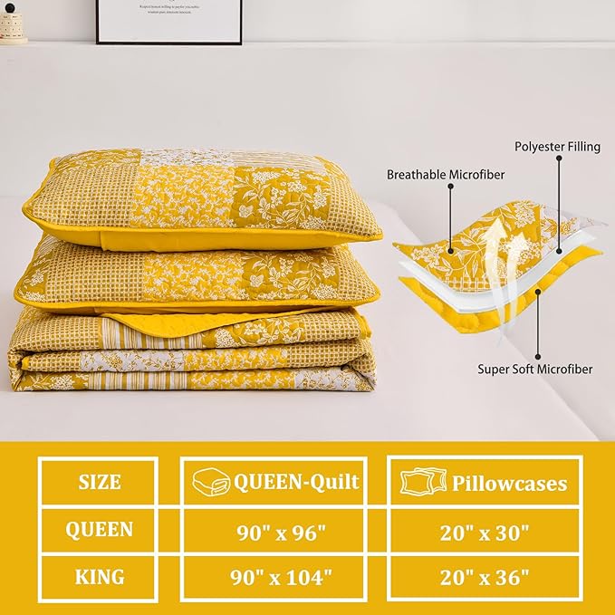 Mybedsoul Yellow Boho Quilt Set Queen Size, 3 Pieces Plaid Floral Bedspread - Image 5