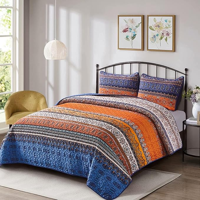 WONGS BEDDING Boho Fall Quilt Full Size, 3 Pieces Orange Blue Bohemian - Image 2