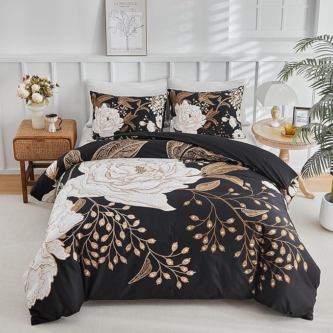 mixinni Black Floral Duvet Cover Twin XL Size, 3 Pieces Garden Style Botanical - Image 7