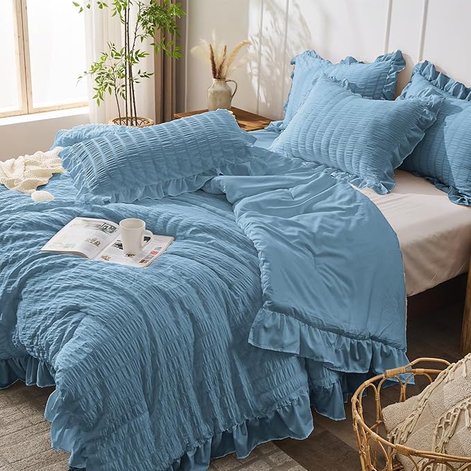 JOLLYVOGUE Queen Comforter Set, 3 Pieces Sea Blue Seersucker Comforters Queen - Image 7
