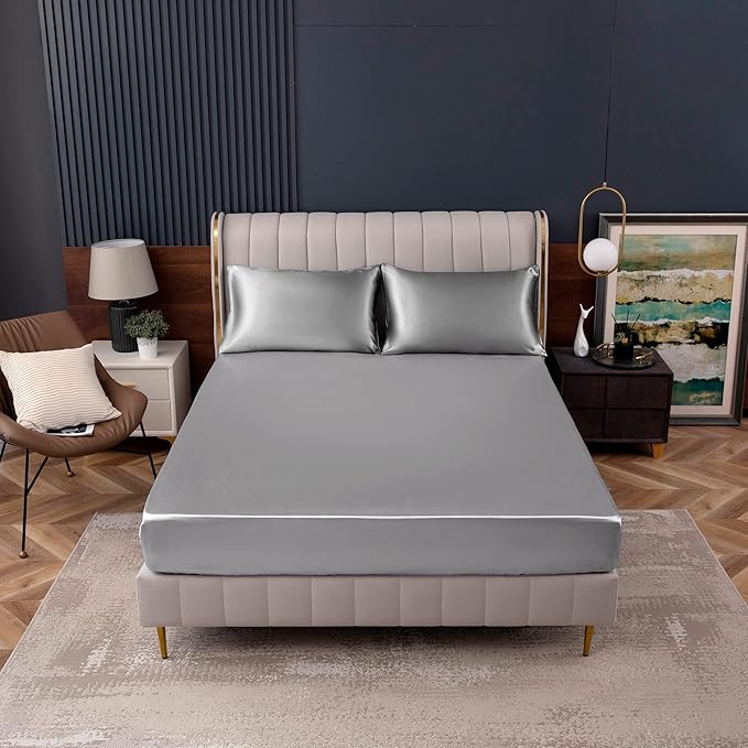 Homiest Light Grey Satin Fitted Sheet Queen Size, Deep Pocket, Luxury & Ultra - Image 2