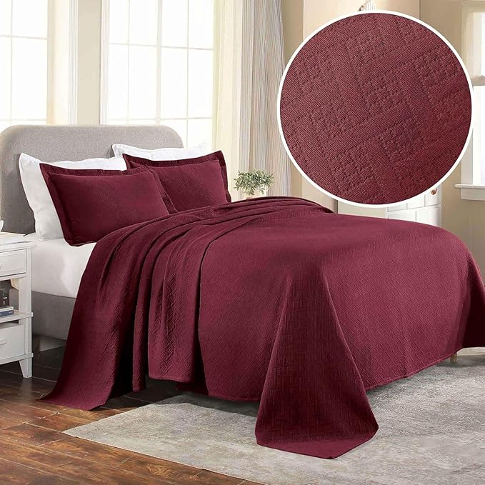 Superior 3 Piece Basketweave Cotton Bedspread Set, Home Bed Decor, Decorative Bed Spread, 2 Pillow Shams, Medium Weight Blanket, Matelasse Coverlet Bedding, Geometric Lattice Pattern, King, Garnet